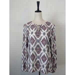 Crosby Peasant Top Cream Tan Blue Orange Print Large Long Sleeve Tunic Popover
